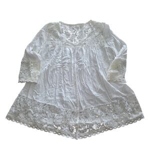 Unbranded White 3/4 Sleeve Flowy Blouse Cotton Blend Tunic Large Boho Minimalist